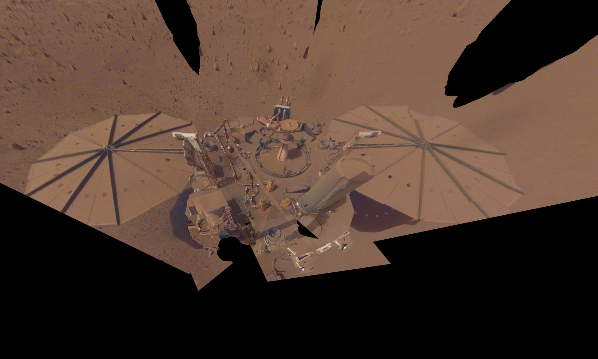 <p>The final selfie taken by InSight, in April 2022</p>