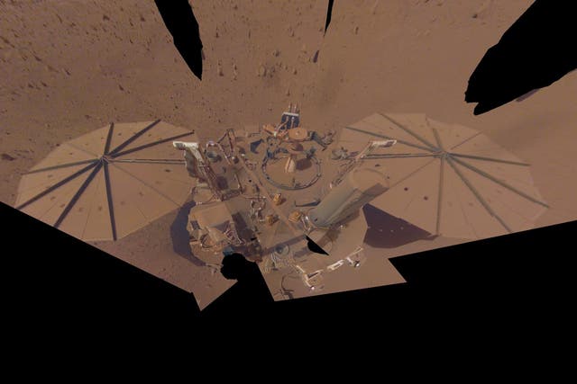 <p>The final selfie taken by InSight, in April 2022</p>