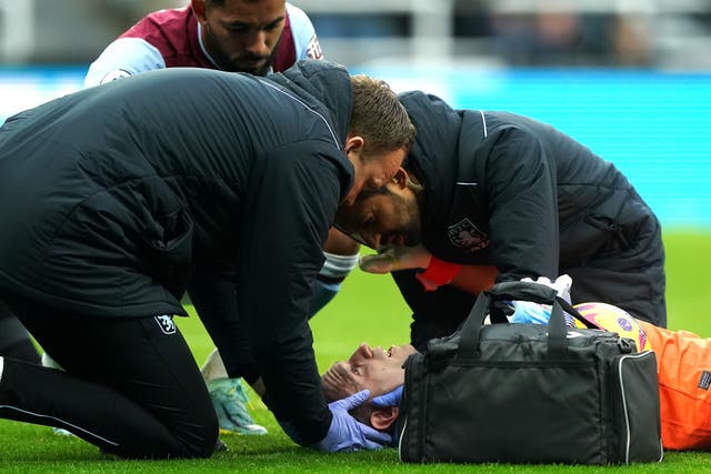 Emi Martinez had to be forced off during Aston Villa’s game with Newcastle despite initially passing a head injury assessment (Owen Humphreys/PA)