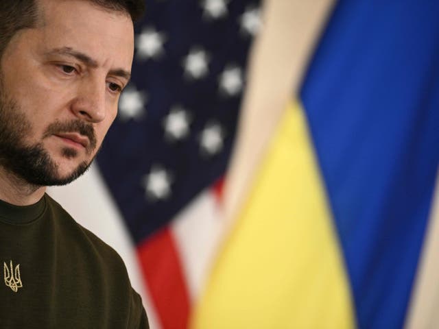 <p>Ukraine's President Volodymyr Zelensky looks on during a press conference with US President Joe Biden</p>