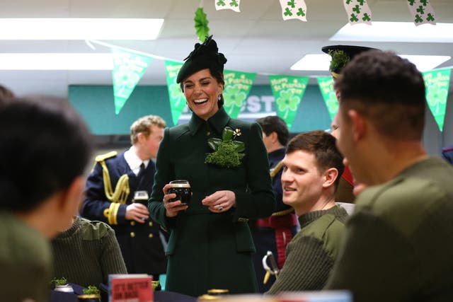 The Duke Duchess of Cambridge after attending the St Patrick’s Day parade at Cavalry Barracks in Hounslow, where she presented shamrock to officers and guardsmen of 1st Battalion the Irish Guards (PA)