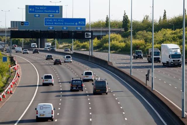 <p>Traffic seen on the M25 motorway during the morning rush hour near Heathrow Airport in west of London</p>