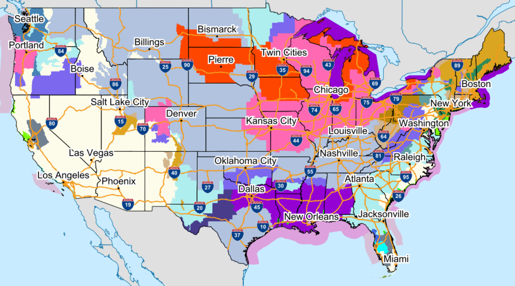 Most of the US was under winter weather warnings or advisories by Thursday morning