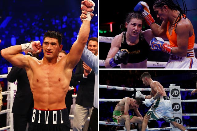 <p>Clockwise from left: Dmitry Bivol, Katie Taylor and Amanda Serrano, and Leigh Wood and Michael Conlan</p>