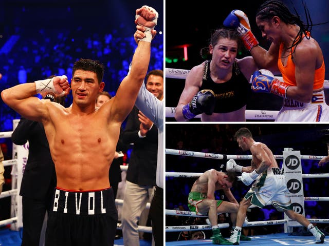 <p>Clockwise from left: Dmitry Bivol, Katie Taylor and Amanda Serrano, and Leigh Wood and Michael Conlan</p>
