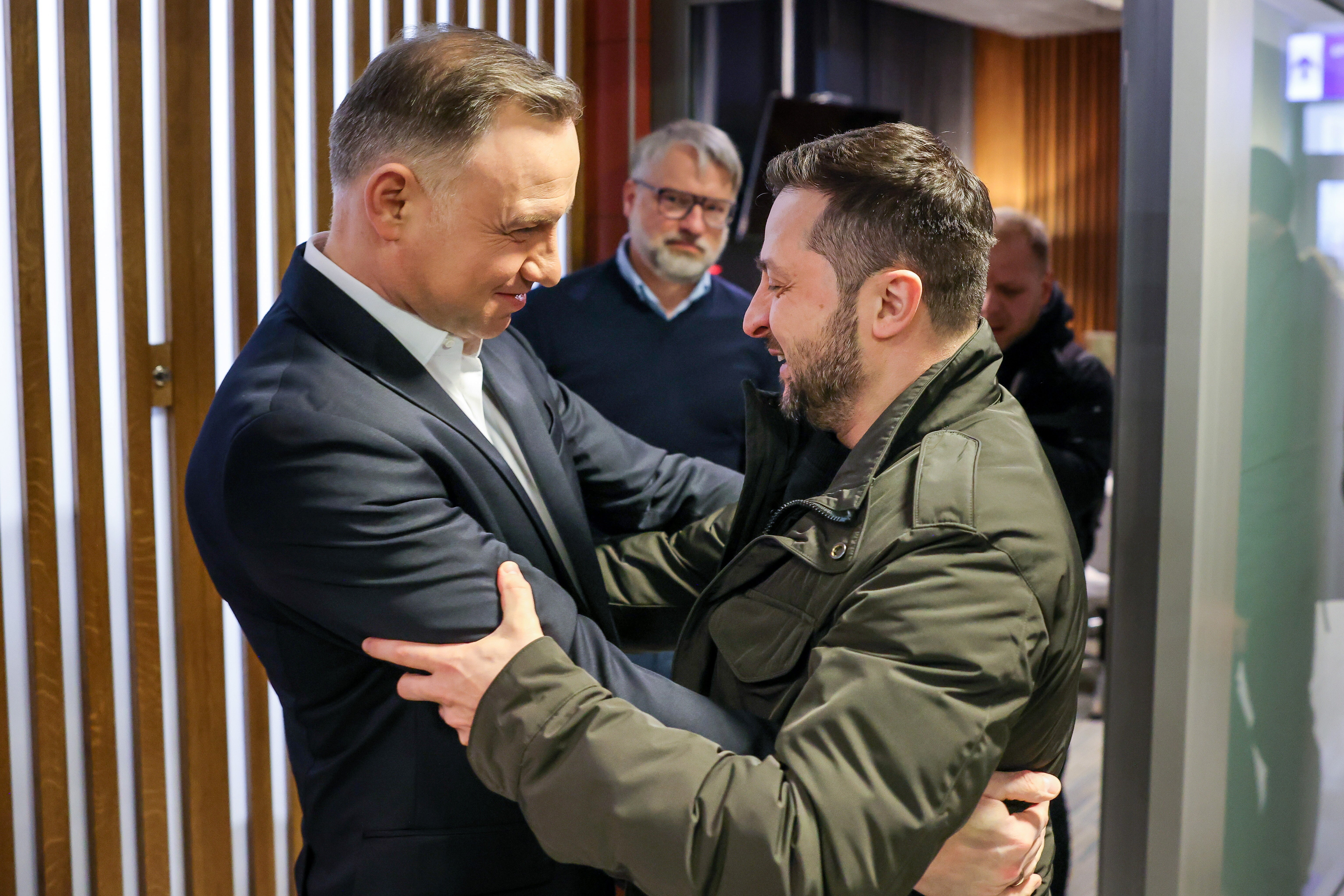 Andrzej Duda, left, meets Volodymyr Zelensky near Rzeszow on Thursday