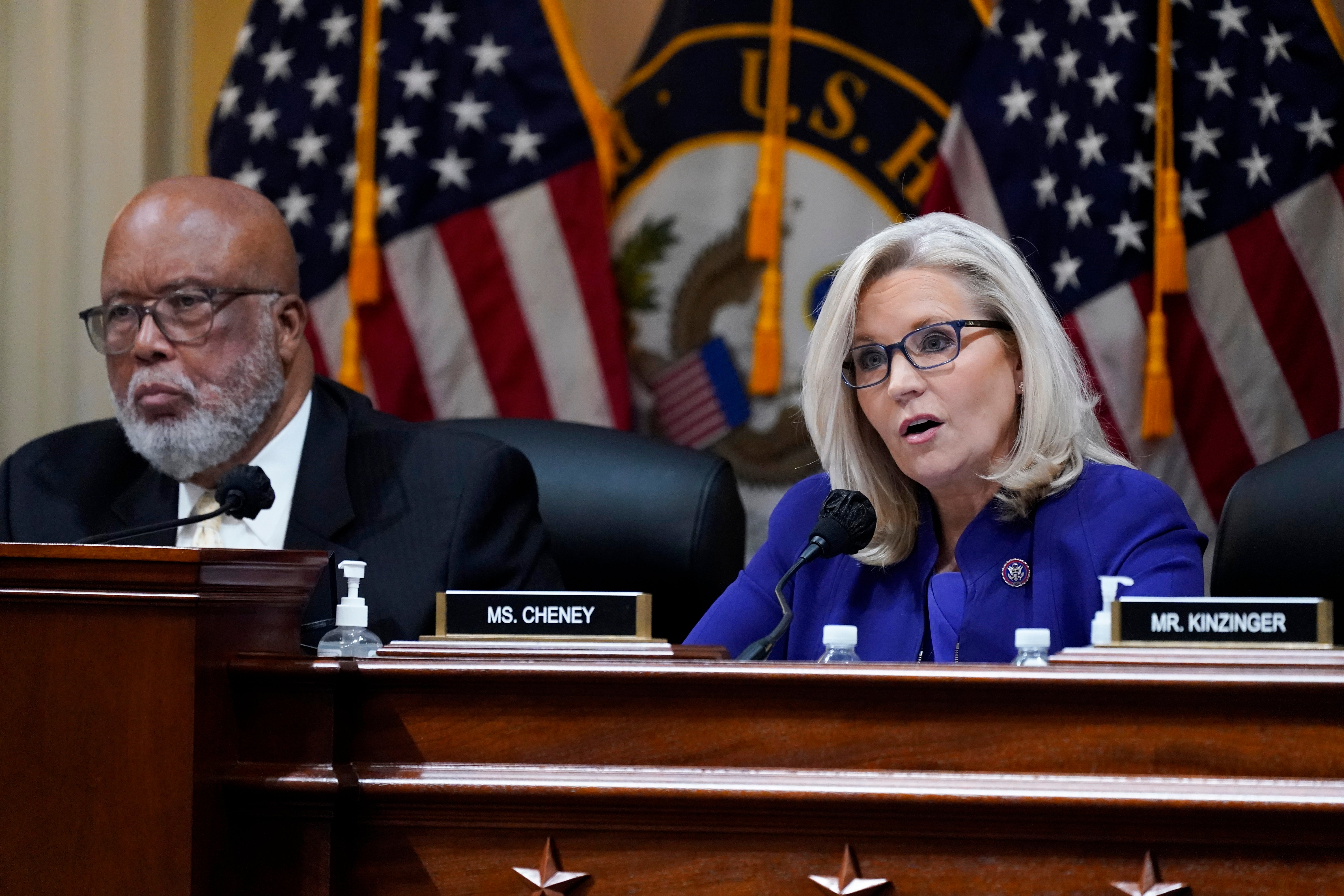Committee Vice Chair Liz Cheney, R-Wyo., speaks as the House select committee investigating the Jan. 6 attack on the U.S. Capitol holds its final meeting on Capitol Hill in Washington, Monday, Dec. 19, 2022. Committee Chairman Bennie Thompson, D-Miss., left.