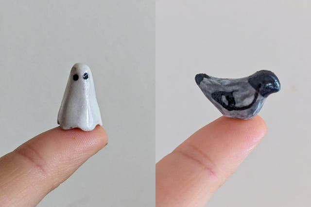 Miniature ceramic objects made by Veronika McQuade included a ghost and a pigeon (Veronika McQuade/PA)