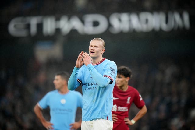 <p>Erling Haaland of Manchester City reacts against Liverpool</p>