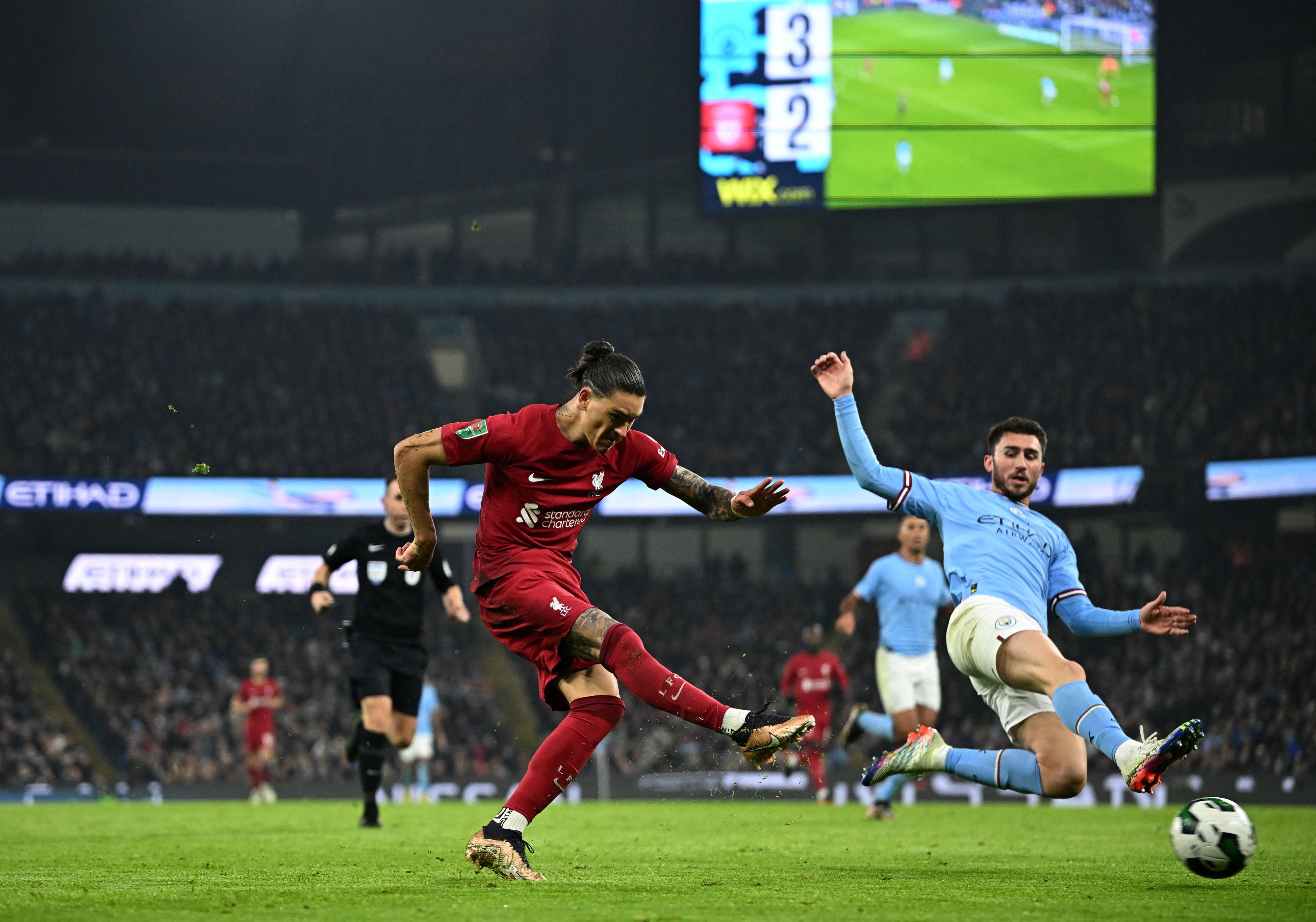 Liverpool’s Uruguayan striker Darwin Nunez shoots but fails to score