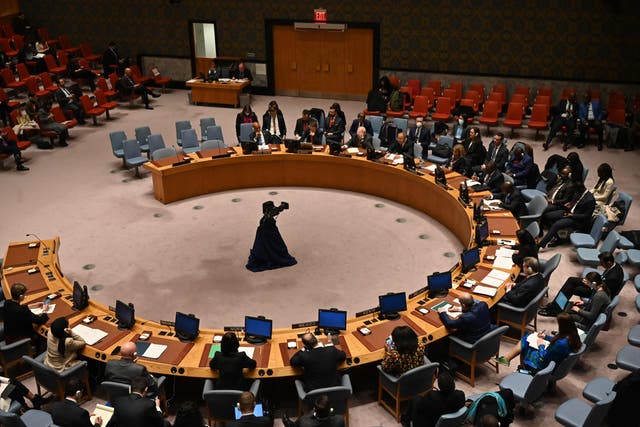 <p>A general view shows a United Nations Security Council meeting during a vote on a draft resolution calling for an immediate end to violence in Myanmar and release of political prisoners</p>