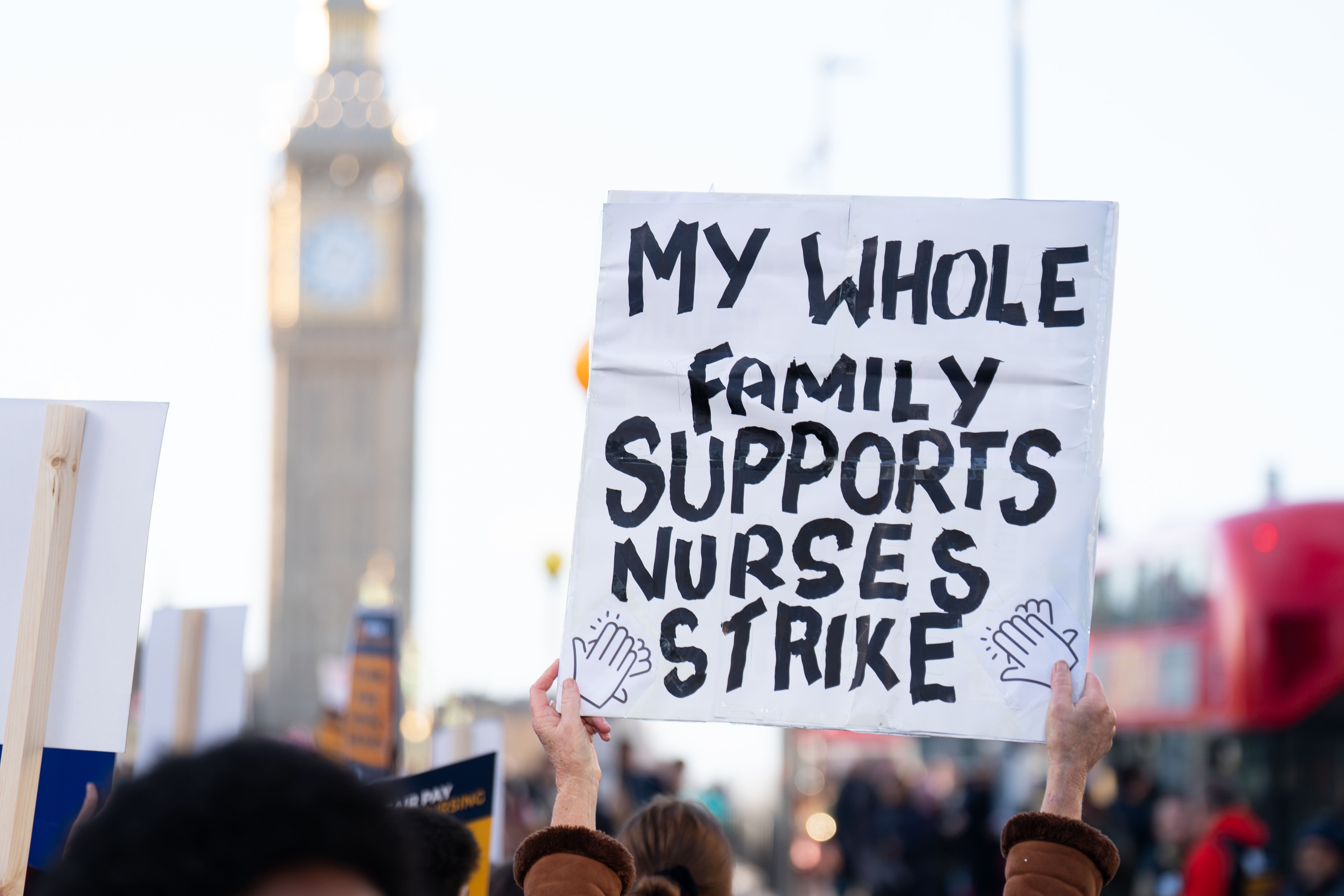 Members of the Royal College of Nursing (RCN) on the picket line outside St Thomas’ Hospital, central London (James Manning/PA)