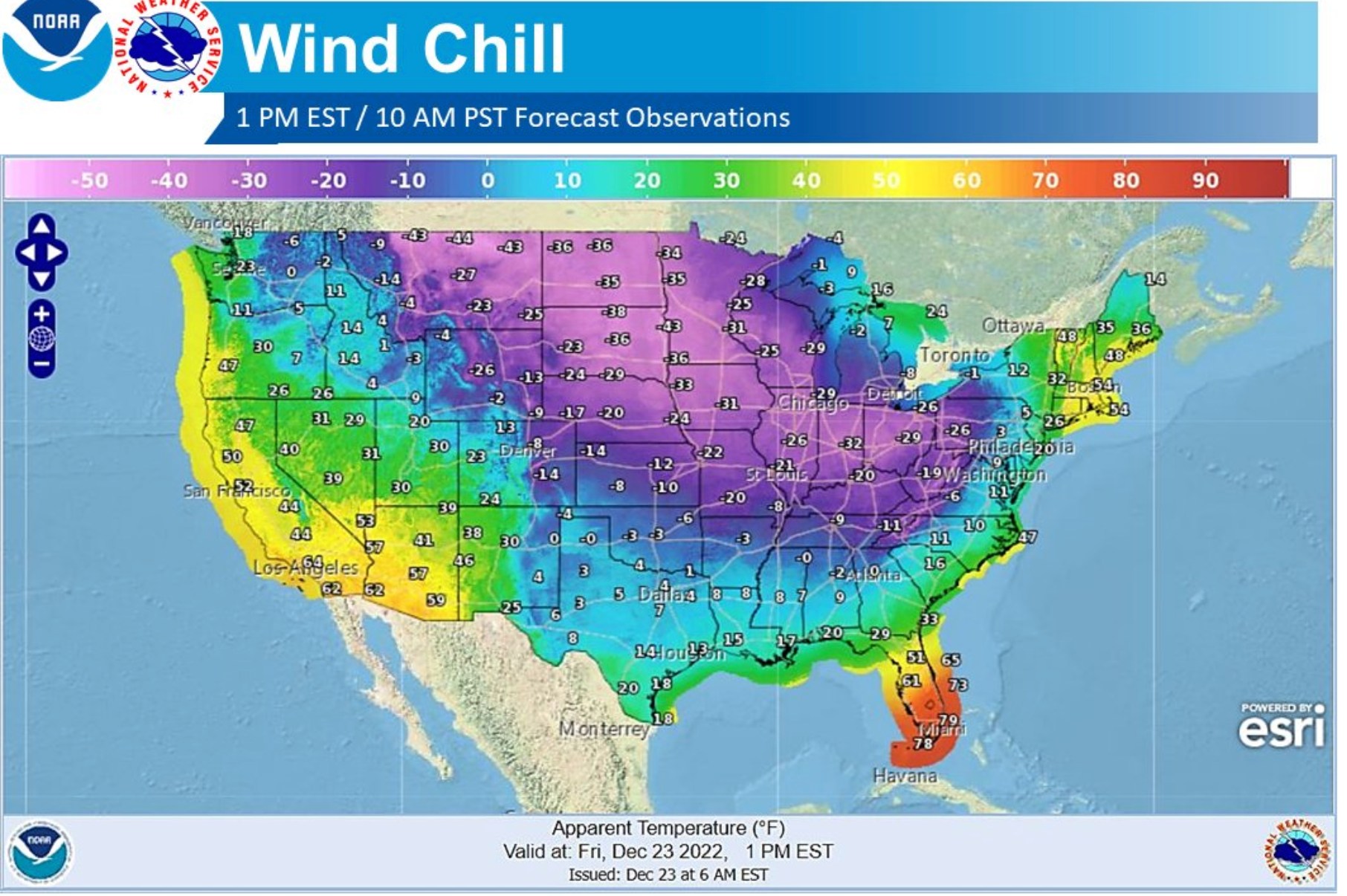 Temperatures plummeted across much of the US driven by wind chill on Friday
