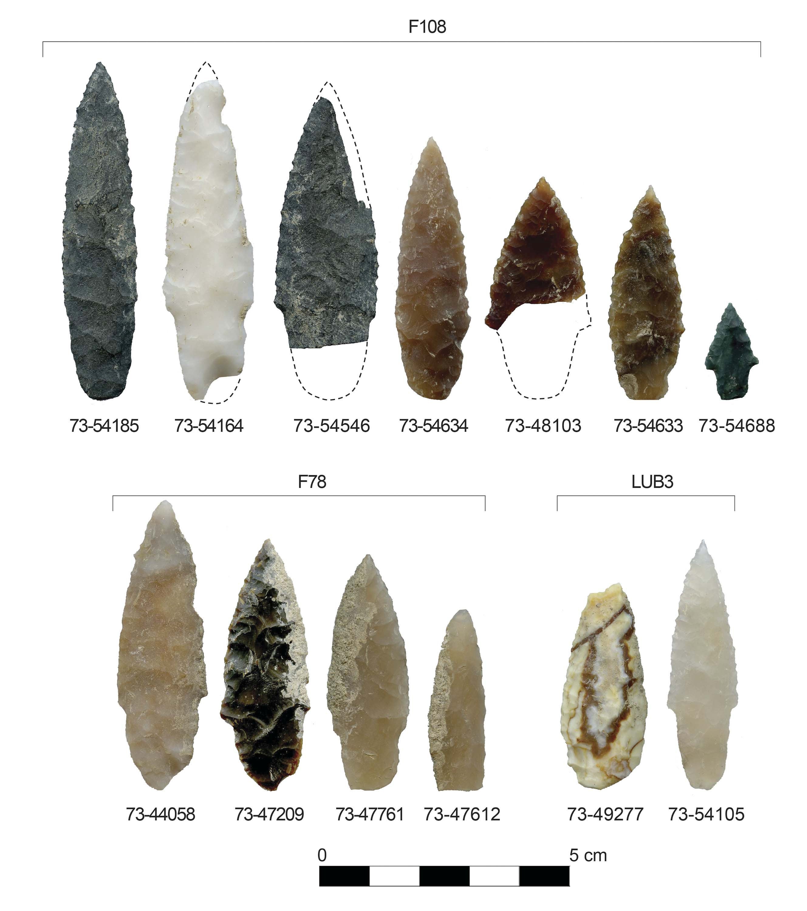 Stone projectile points discovered buried inside and outside of pit features