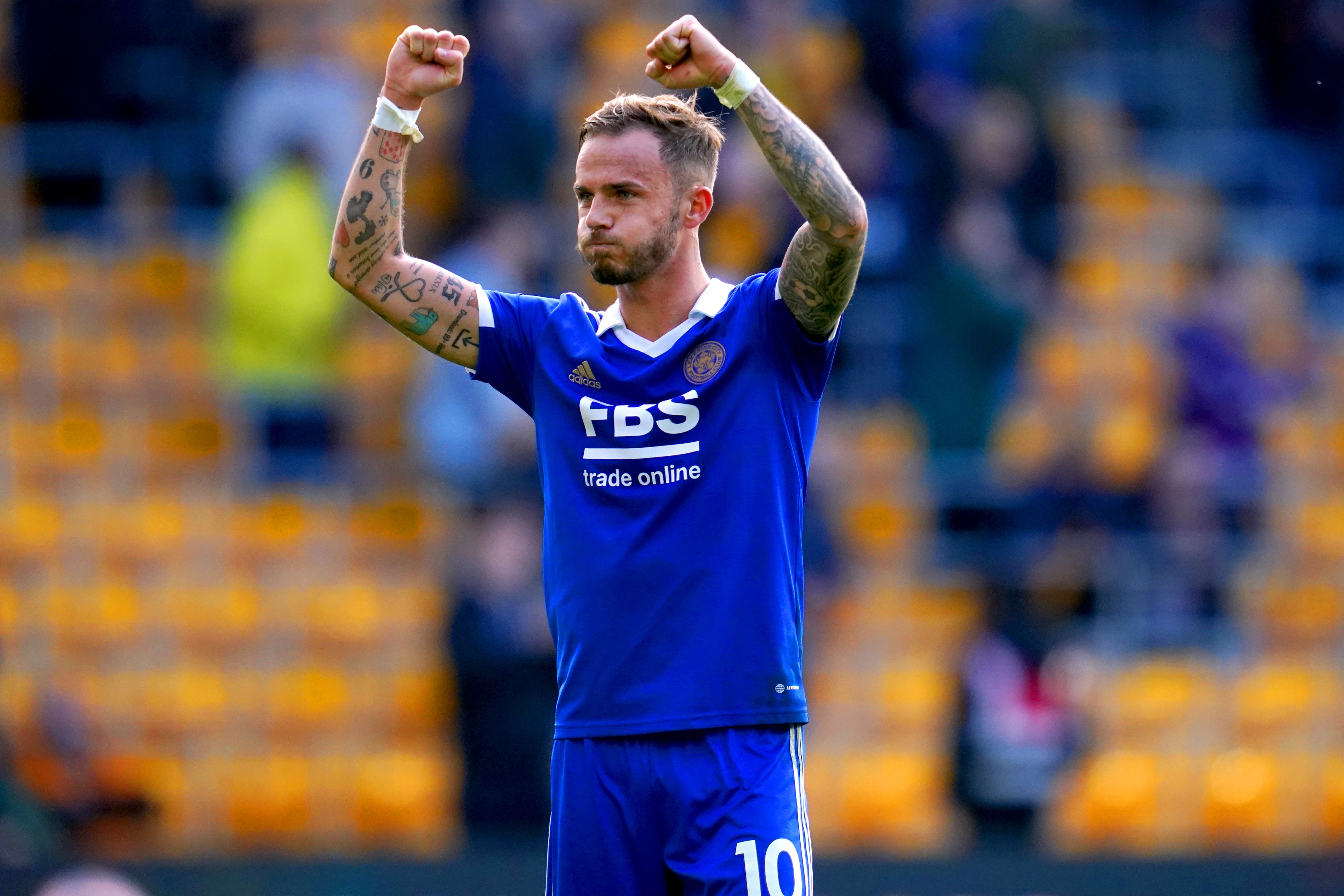 Leicester City’s James Maddison celebrates at the end of the Premier League match at the Molineux, Wolverhampton. Picture date: Sunday October 23, 2022.