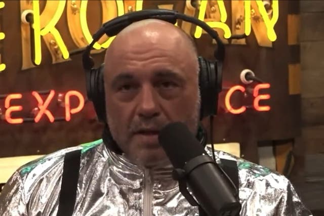 <p>Joe Rogan wore a ‘Nasa’ top as he lamented the tragedy of the fabricated bout</p>