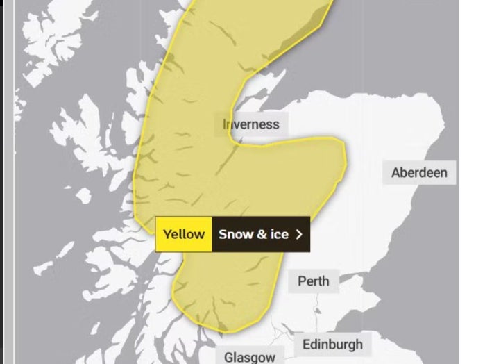 The warning for snow lasts from Christmas Day into Boxing Day