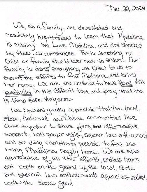 Madalina’s family shared this handwritten note