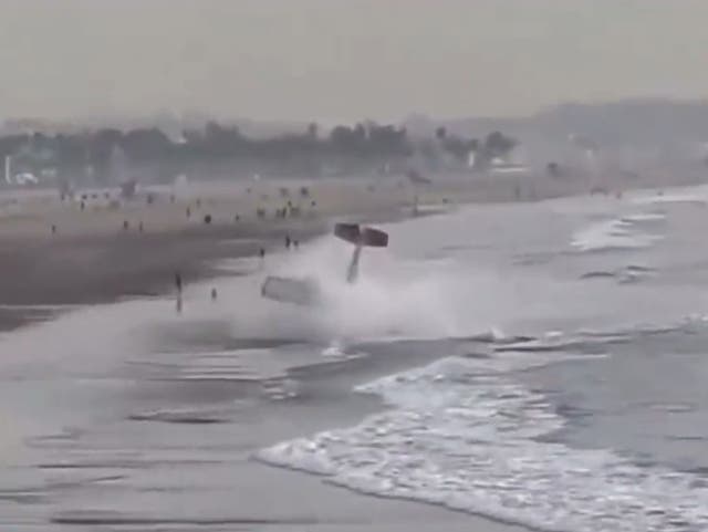 <p>Rex Minter’s single-engine Cessna ditches in the Santa Monica surf on Thursday 22 December</p>