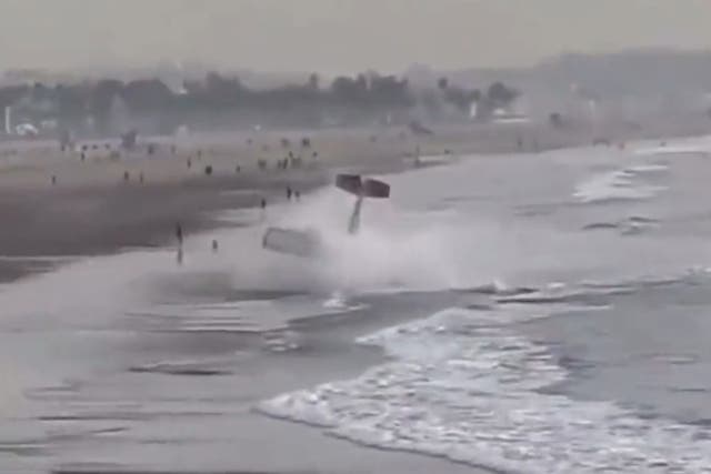<p>Rex Minter’s single-engine Cessna ditches in the Santa Monica surf on Thursday 22 December</p>