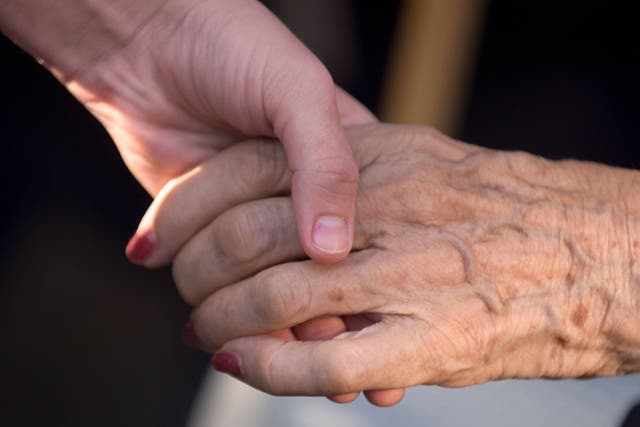 <p>Young female care worker holding hand of elderly resident at a care home (Paul Doyle /Alamy)</p>