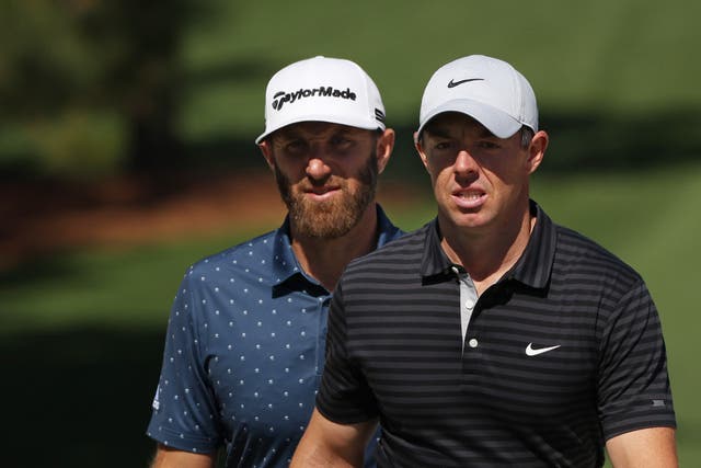<p>Dustin Johnson and Rory McIlroy during a practice round at Augusta National</p>