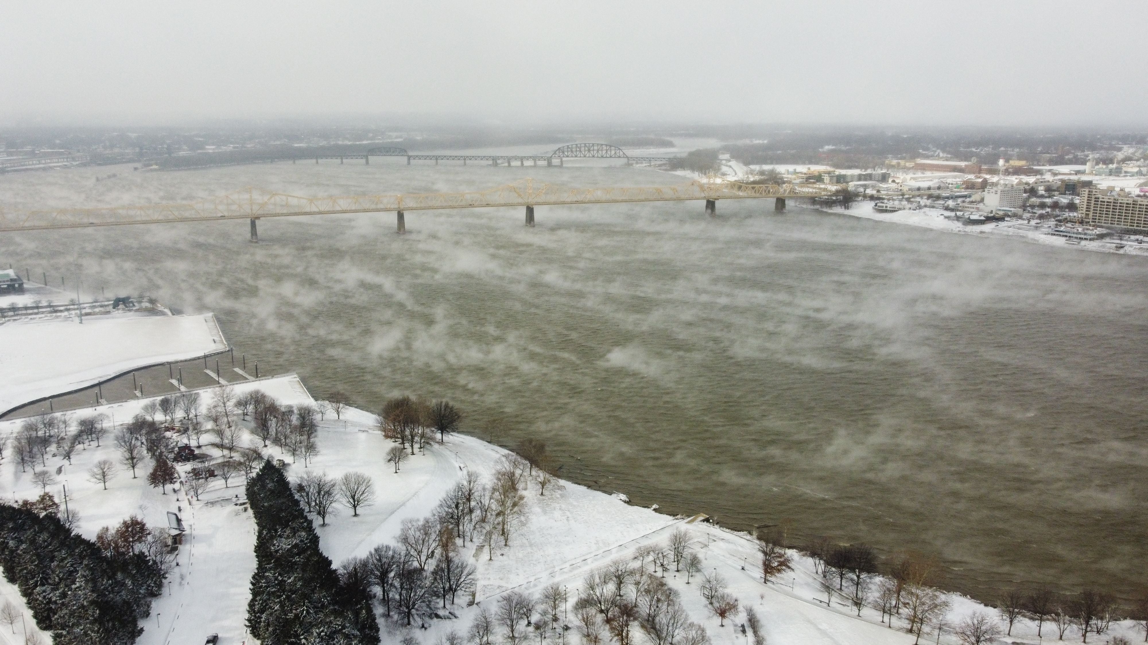The Ohio River is seen in Louisville, Kentucky, under freezing temperatures on December 23, 2022
