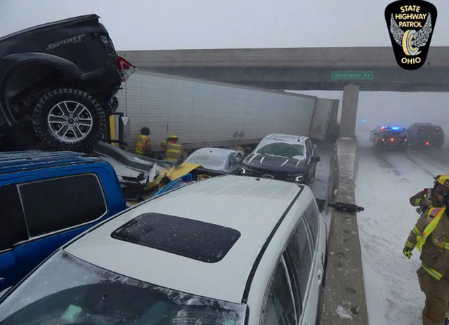 <p>Vehicles on the Ohio Turnpike in Erie County, Ohio, are pressed against the median and crushed in a nearly 50-car pile-up on Friday. Four people died in the crash</p>