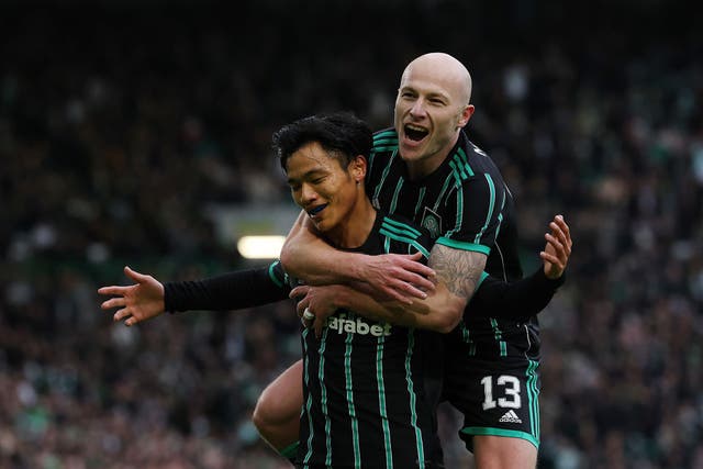 <p>Reo Hatate celebrates the opening goal with Aaron Moy  </p>