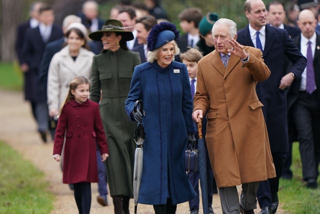 Princess Charlotte, the Princess of Wales, the Queen Consort, Prince George, the King and the Prince of Wales attending the Christmas Day morning church service at Sandringham (Joe Giddens/PA Wire)