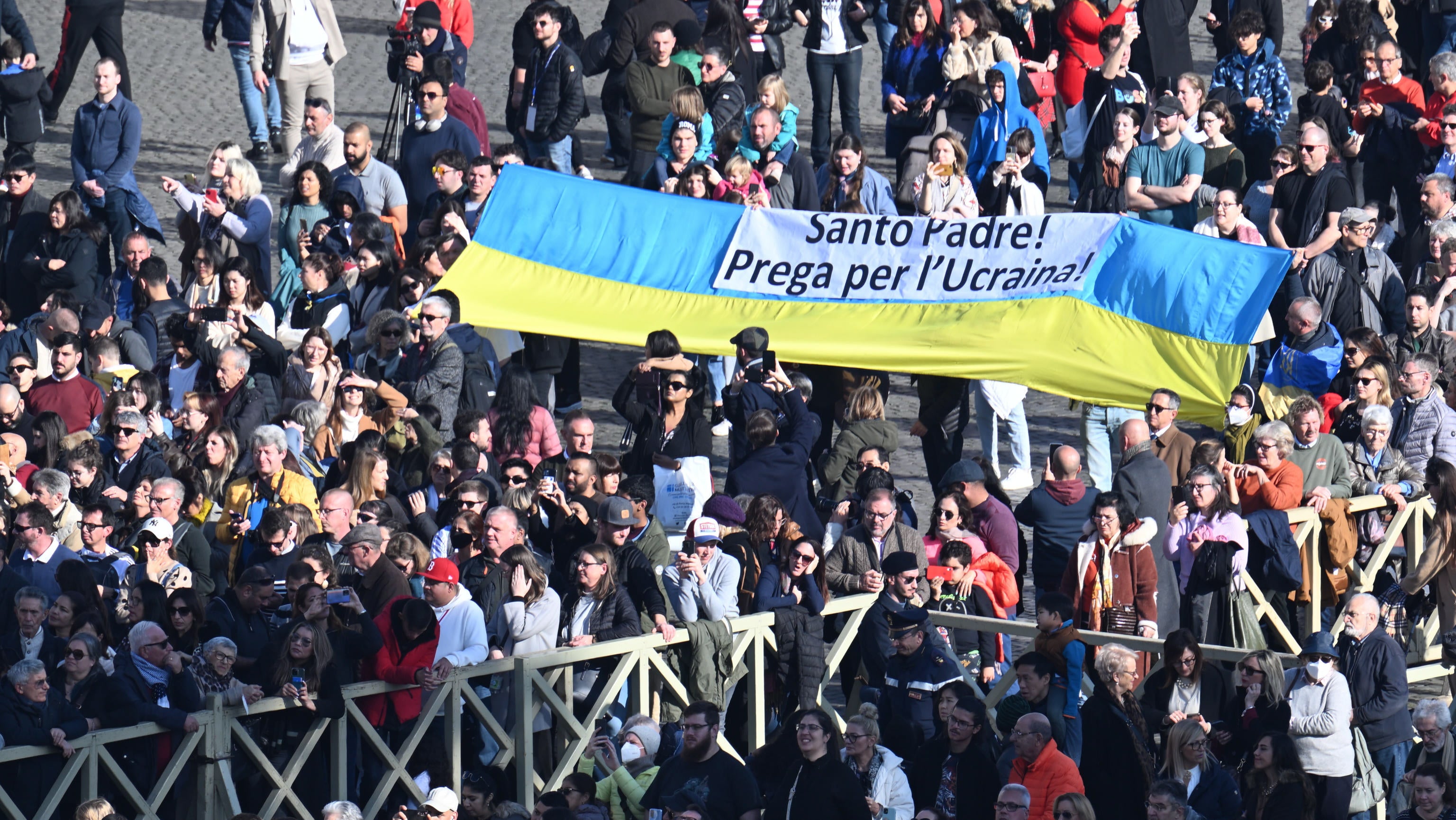 A banner in support of Ukraine in St Peter’s Square on Sunday