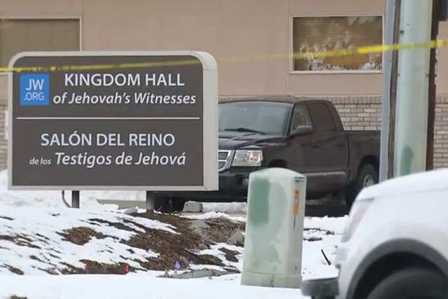 <p>The scene outside a Jehovah’s Witness Kingdom Hall in Colorado where a husband and wife were found dead in an apparent murder-suicide</p>