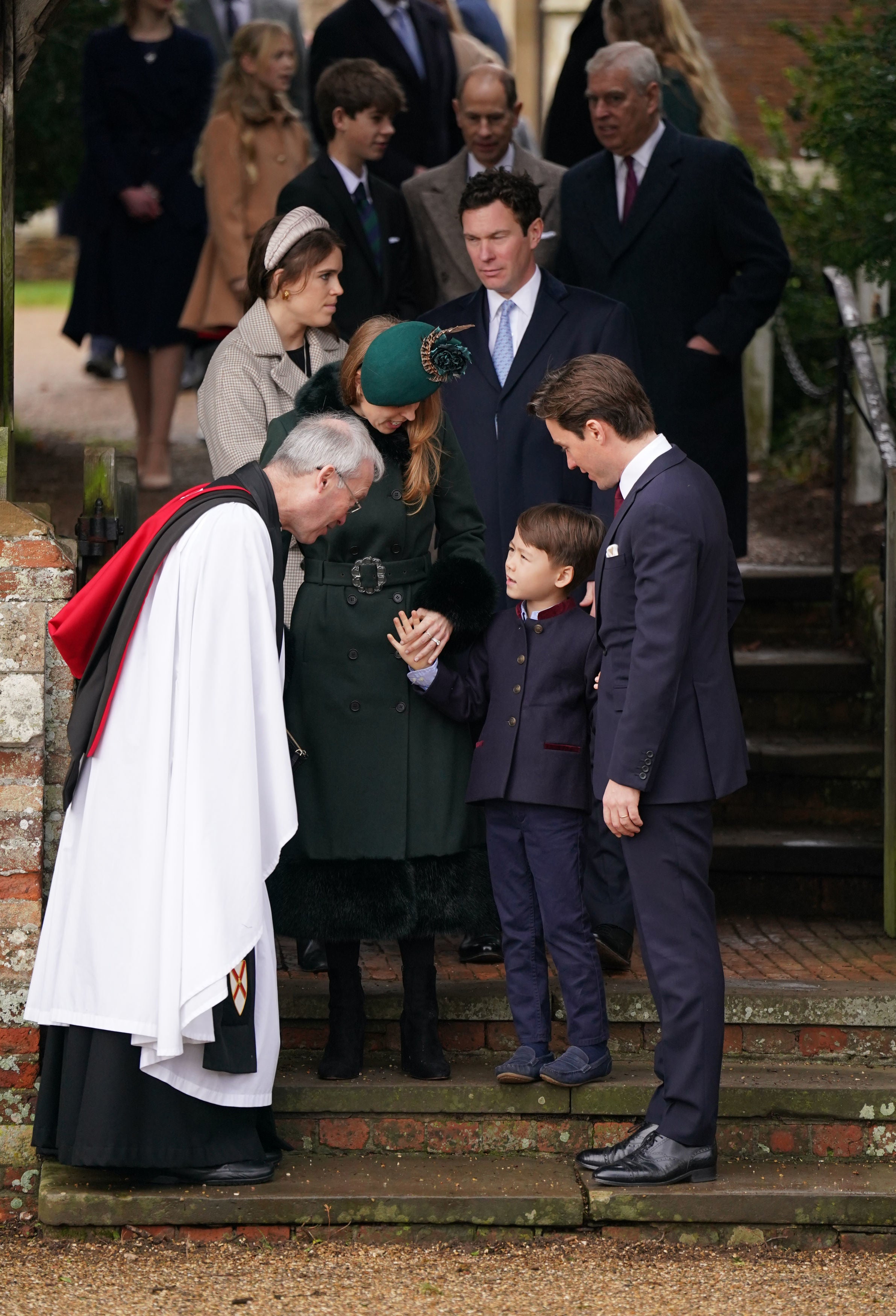 Princess Beatrice, Christopher Woolf, and Edoardo Mapelli Mozzi, (centre) Princess Eugenie and Jack Brooksbank, (back) James, Visount Severn, the Earl of Wessex and the Duke of York attending the Christmas Day morning church service at St Mary Magdalene Church