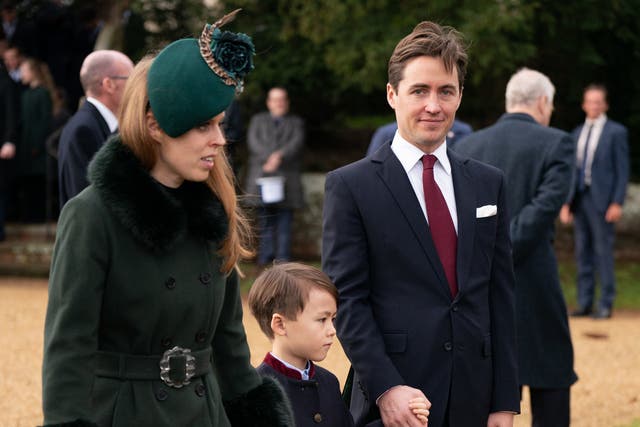 <p>Princess Beatrice, Christopher Woolf, and Edoardo Mapelli Mozzi  attending the Christmas Day morning church service at St Mary Magdalene Church</p>