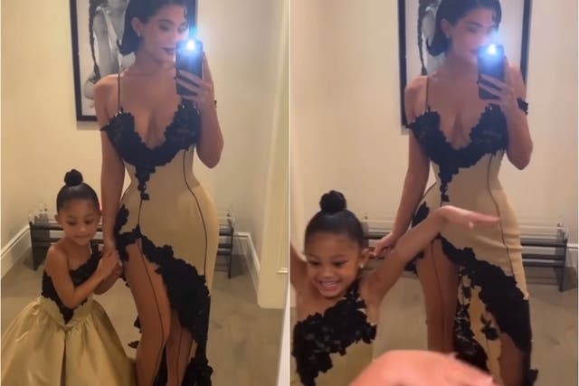 <p>Kylie Jenner shows off her matching Mugler gown with daughter Stormi</p>