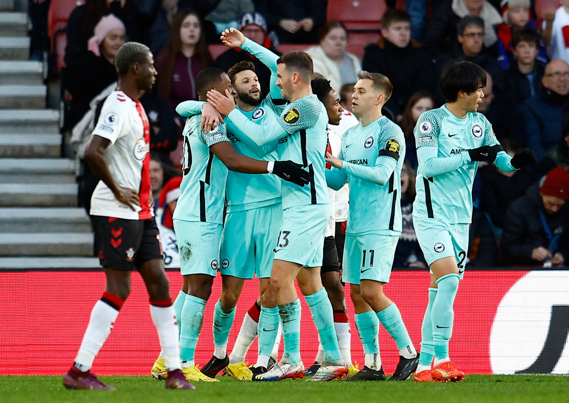 Brighton celebrate after scoring against Southampton