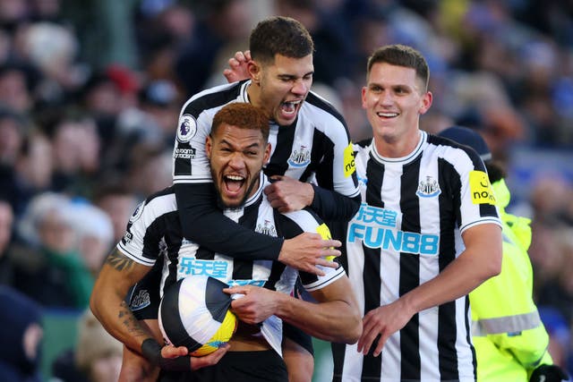 <p>Joelinton celebrates scoring Newcastle’s third goal at Leicester </p>