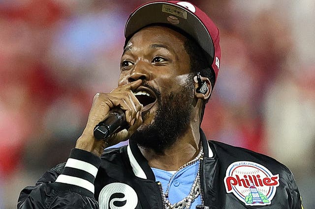 <p>Rapper Meek Mill performs on the field prior to the start of Game Five of the 2022 World Series at Citizens Bank Park on November 03, 2022 in Philadelphia, Pennsylvania</p>