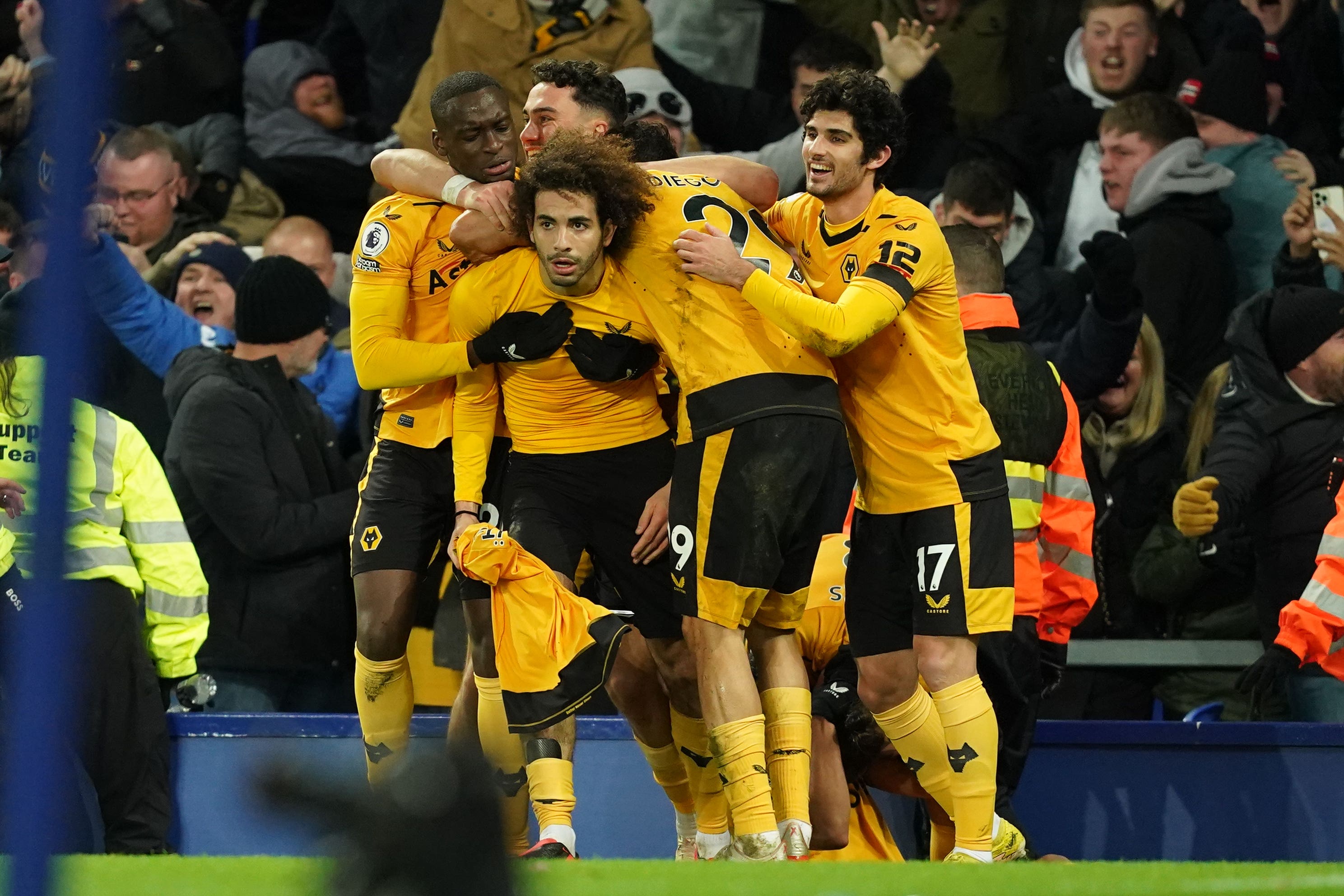 Rayan Ait-Nouri celebrates scoring Wolves’ dramatic winner at Everton (Martin Rickett/PA)