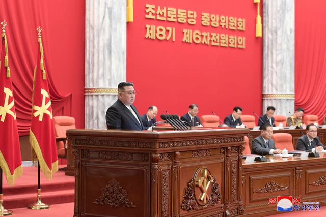 <p>Kim Jong-un at a plenary meeting of the Workers’ Party of Korea in Pyongyang</p>