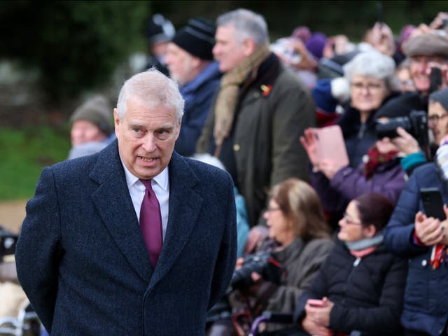 <p>Prince Andrew, Duke of York, attends the Christmas Day service at St Mary Magdalene Church on December 25, 2022</p>