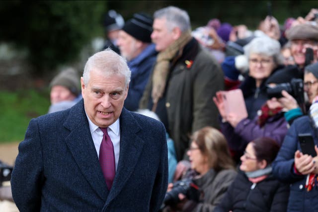 <p>Prince Andrew, Duke of York, attends the Christmas Day service at St Mary Magdalene Church on December 25, 2022</p>