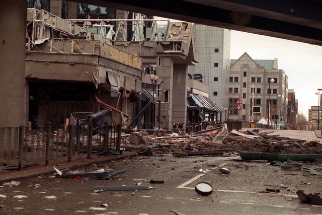 <p>The aftermath of the IRA bomb blast in London’s Docklands in February 1996</p>
