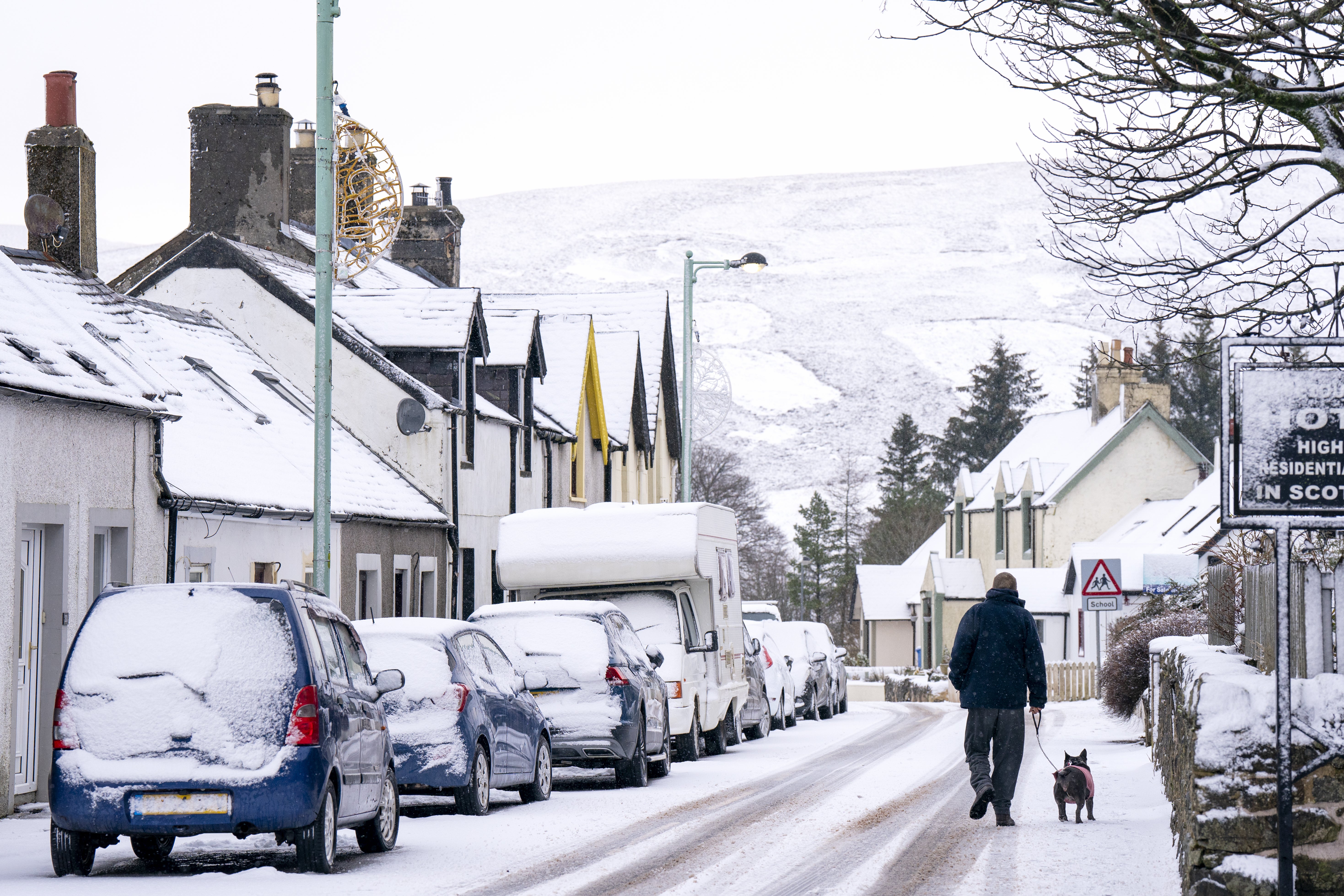 Snow in Leadhills village in South Lanarkshire. A yellow weather warning is in place for ice in Scotland on Wednesday.
