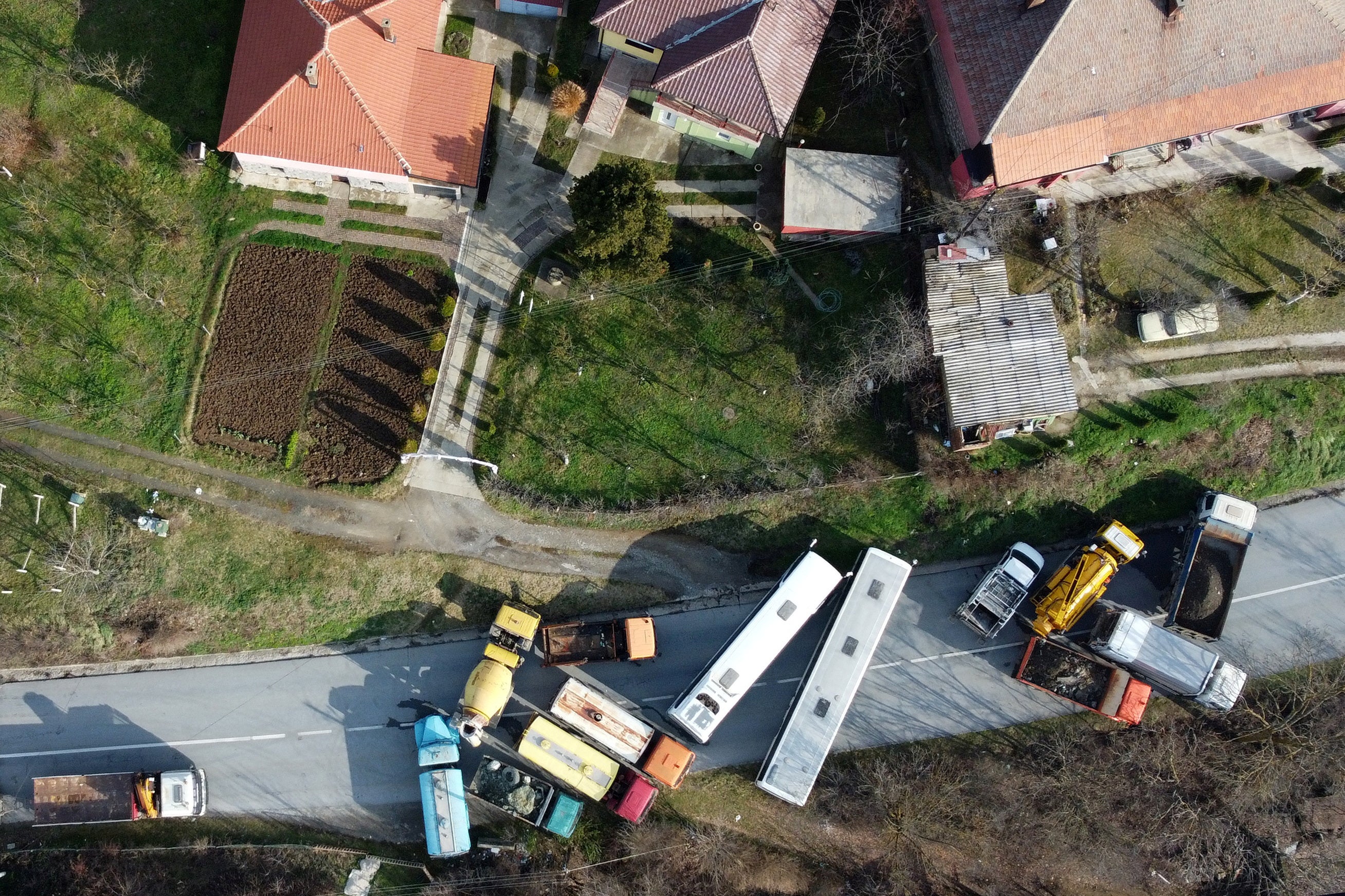 An aerial view of a roadblock in Rudare, near Mitrovica, Kosovo, pictured here on Friday