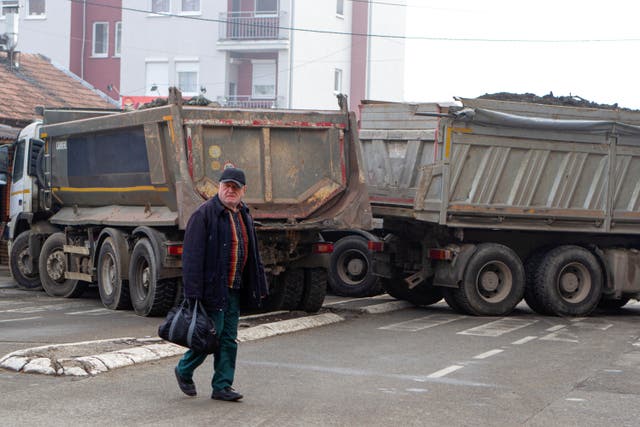 <p>A Serb-erected roadblock in ethnically divided Mitrovica, Kosovo, on Tuesday</p>