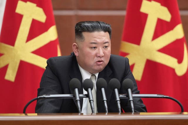 <p>North Korean leader Kim Jong Un gives a report on the second day of the sixth expanded plenary session of the Central Committee of the Workers’ Party of Korea</p>