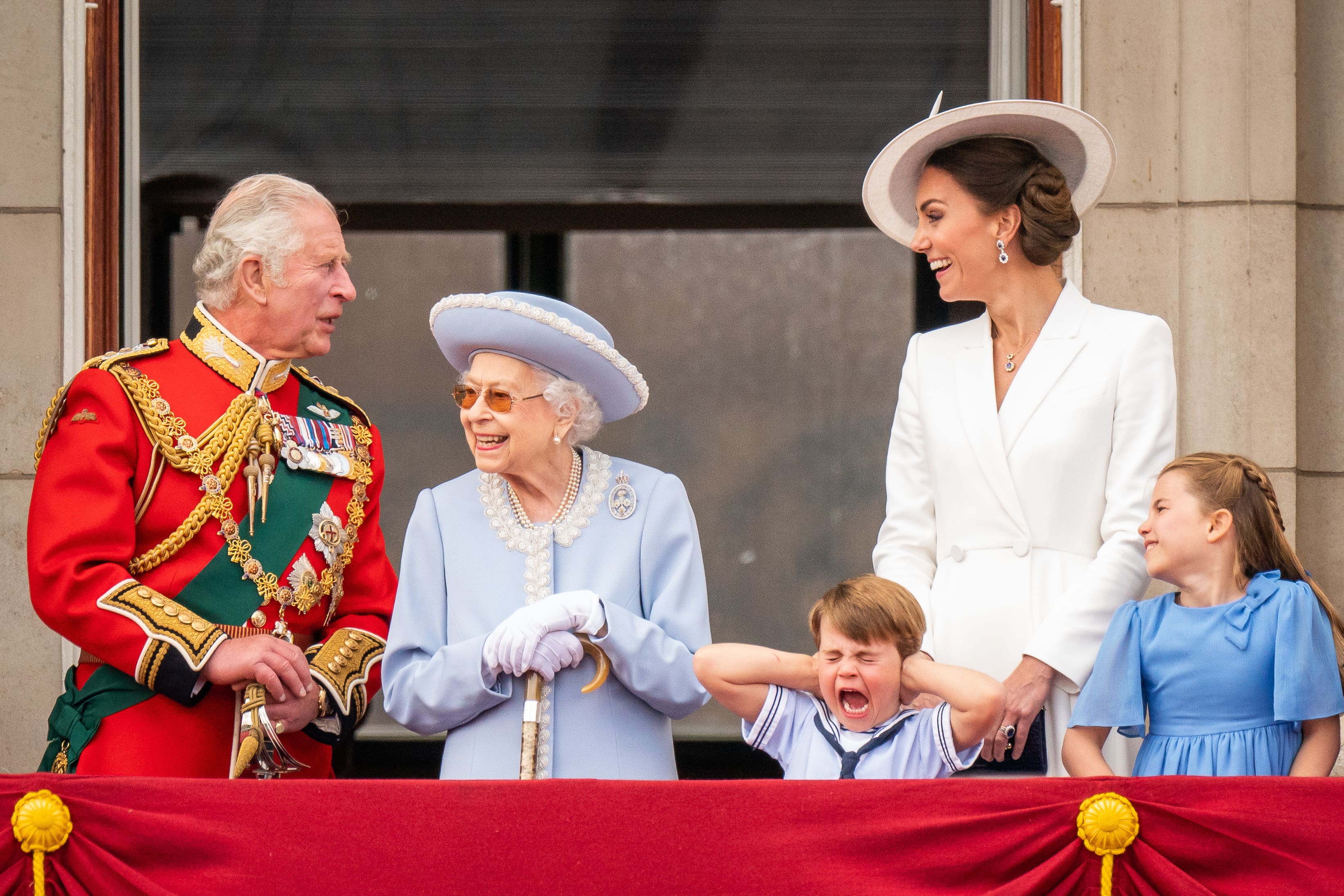 The then Prince of Wales, the Queen, Prince Louis, the then Duchess of Cambridge and Princess Charlotte on the balcony of Buckingham Palace (Aaron Chown/PA)