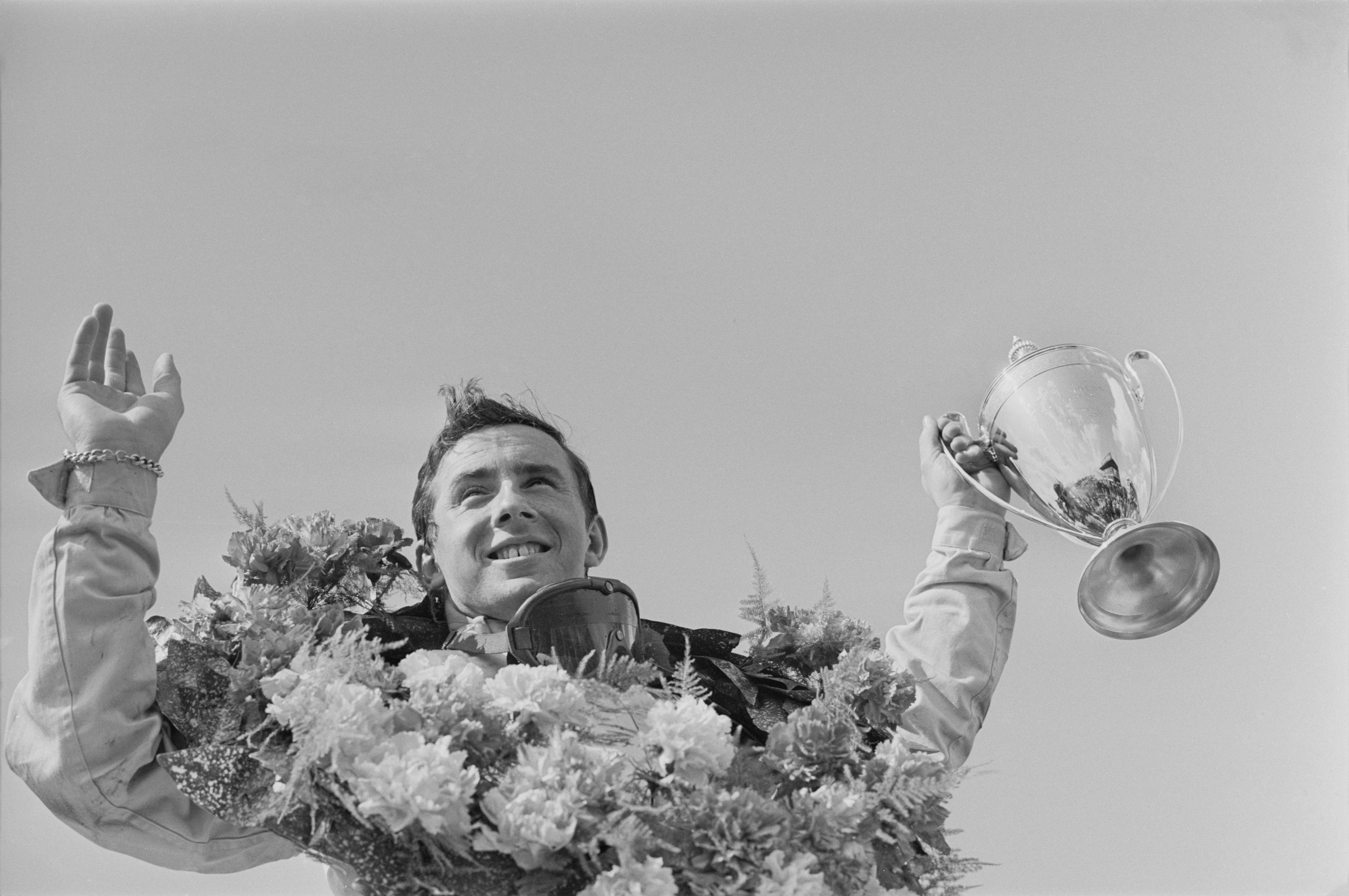 Jackie Stewart after a victory at Silverstone in 1965