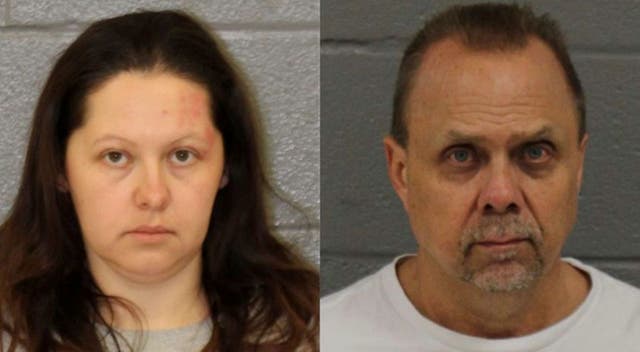 <p>Diana Cojocari, 37, and Christopher Palmiter, 60, pictured in booking photos after they were arrested on charges of failing to report Madalina Cojocari missing</p>
